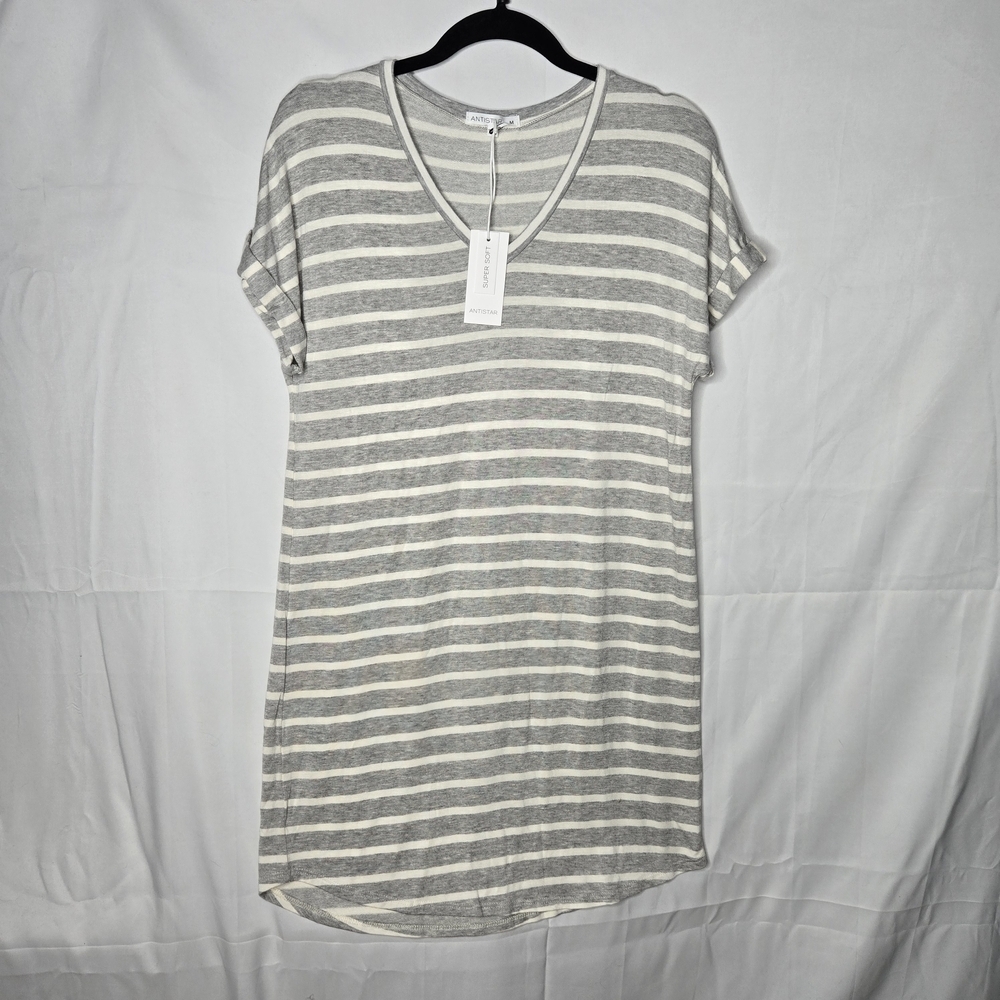 Striped T-Shirt Dress Medium Soft Knit Casual Lounge Dress w Cuffed Sleeves